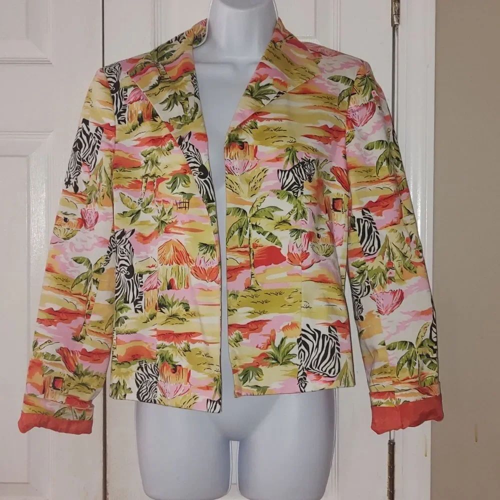 Vintage Collection by Herve Benard Zebra Palm Trees Print Jacket Blazer Sz 12P